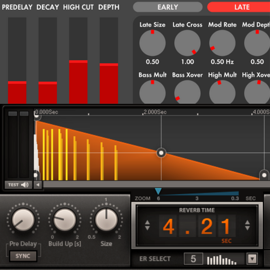 Tweaking the parameters of your reverb can drastically change the way your reverb sounds. Paramters like decay time, dry/wet level, pre-delay and buildup can change the mood of your song by creating a soundscape. 